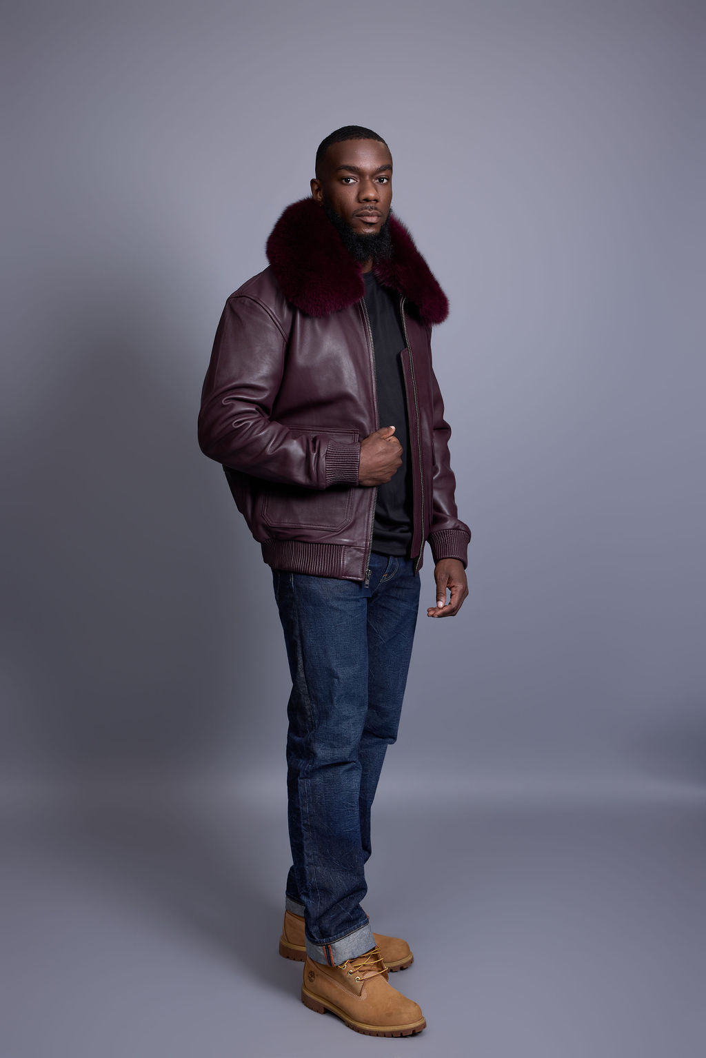 Men's Leather Pilot Aviator Bomber Jacket With Fox Collar [Burgundy]