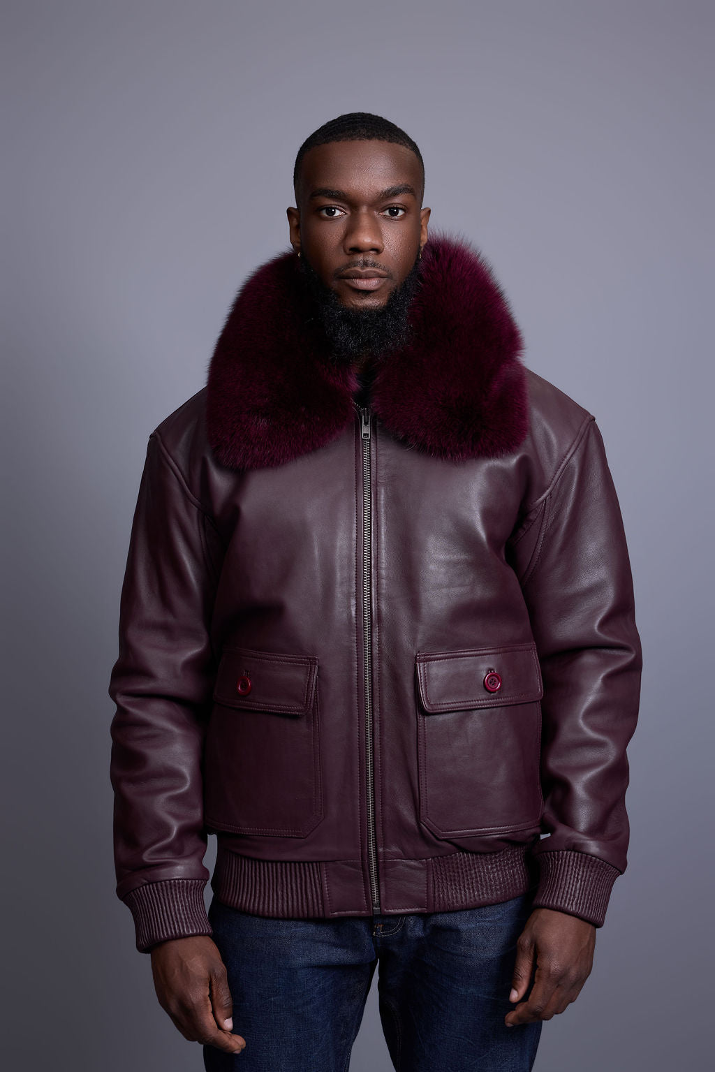 Men's Leather Pilot Aviator Bomber Jacket With Fox Collar [Burgundy]