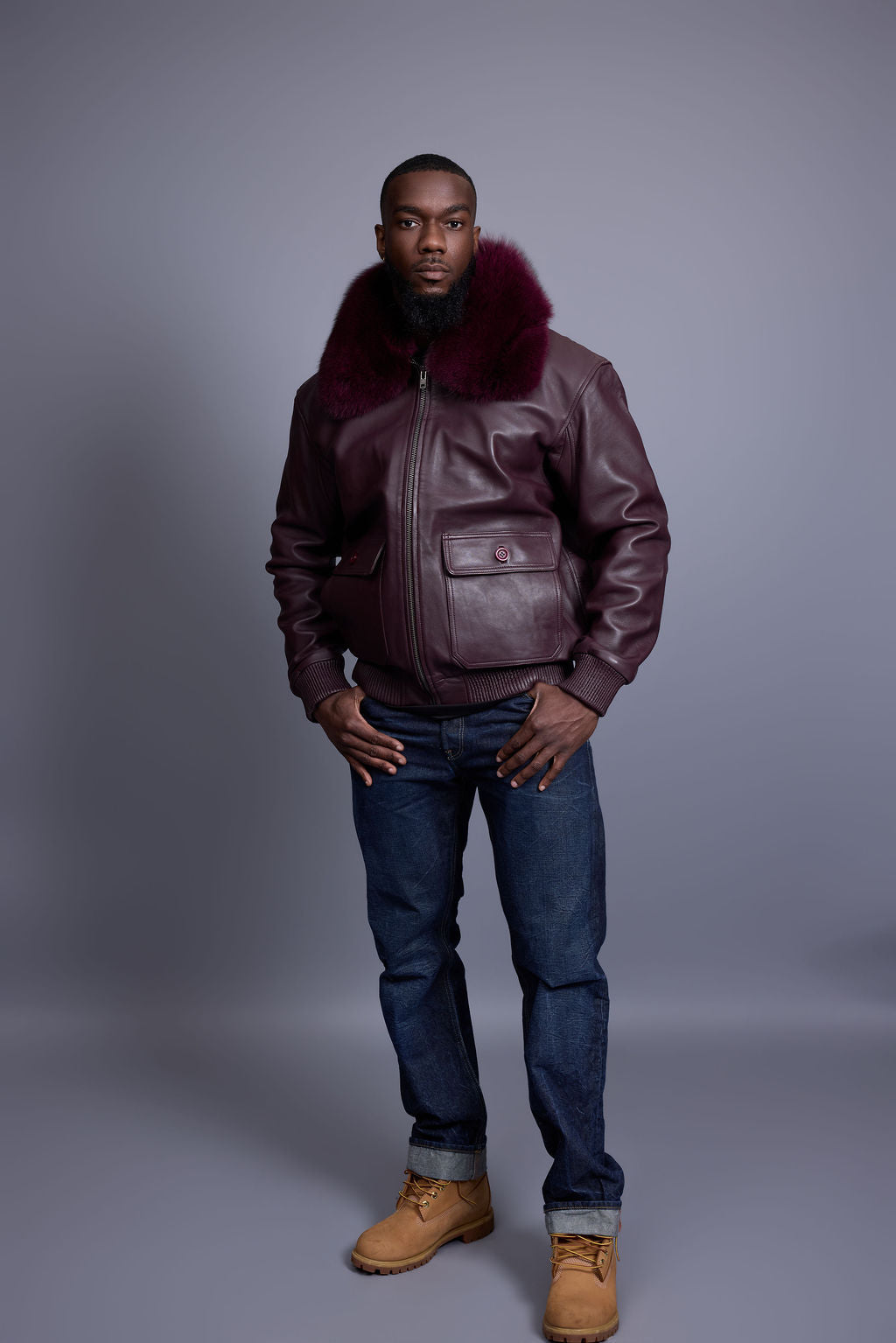 Men's Leather Pilot Aviator Bomber Jacket With Fox Collar [Burgundy]