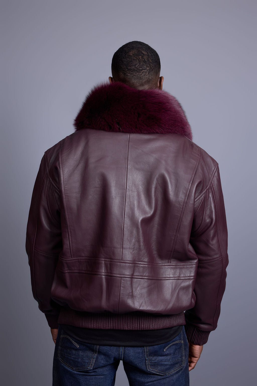 Men's Leather Pilot Aviator Bomber Jacket With Fox Collar [Burgundy]