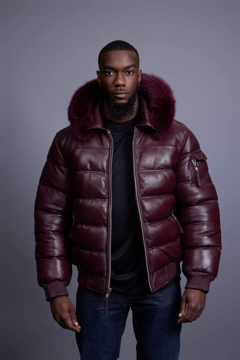 Men’s Aspen Leather Bubble Bomber Jacket [Burgundy]
