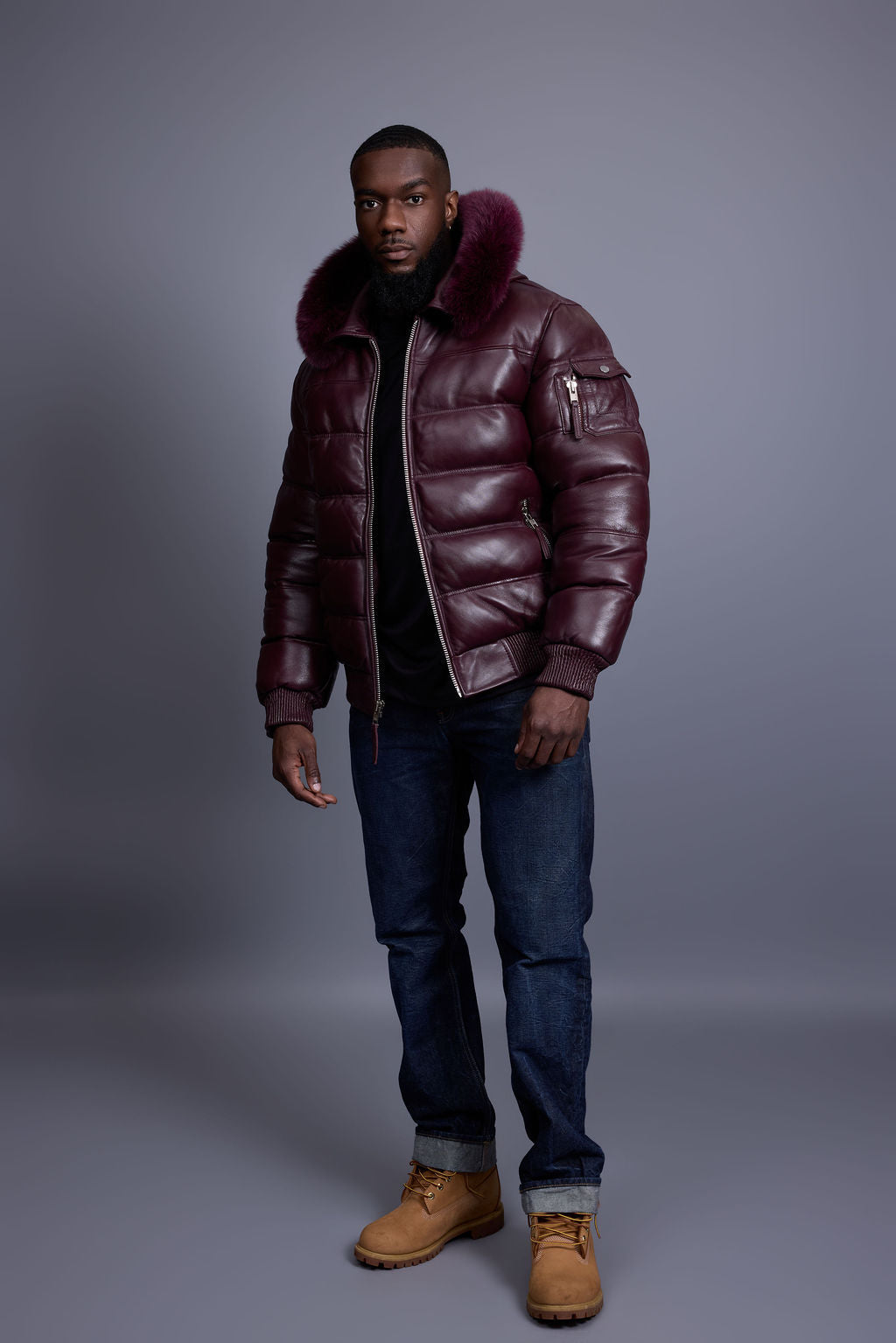 Men’s Aspen Leather Bubble Bomber Jacket [Burgundy]