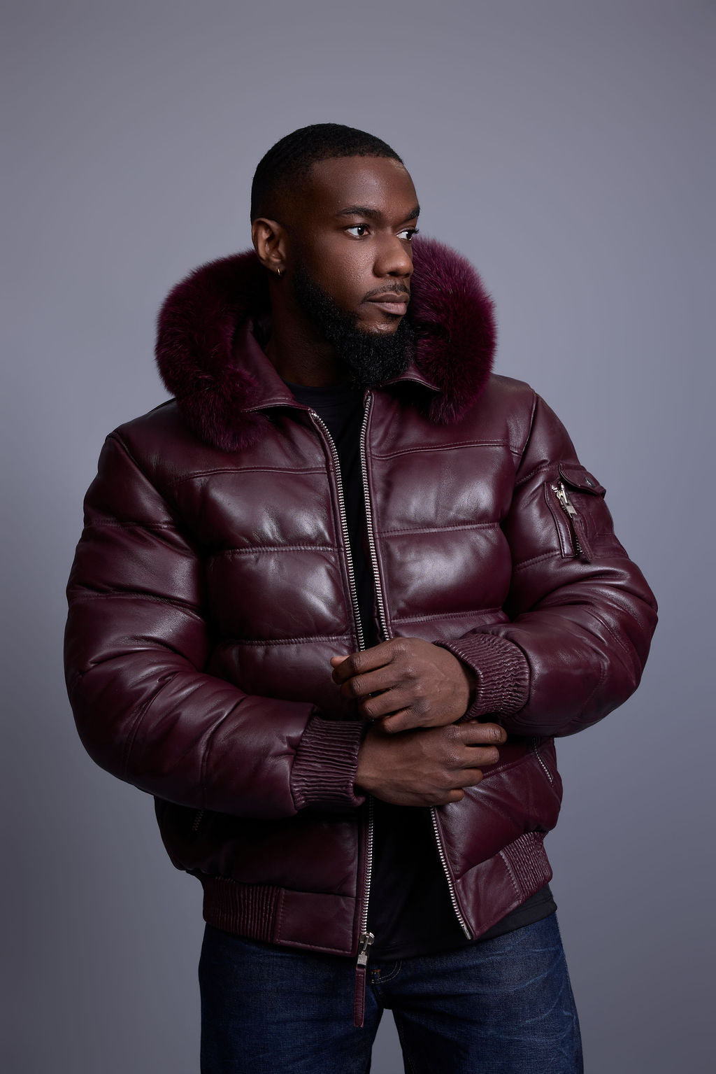 Men’s Aspen Leather Bubble Bomber Jacket [Burgundy]