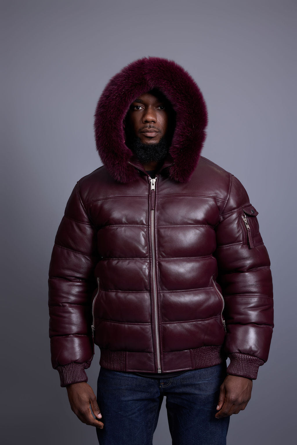 Men’s Aspen Leather Bubble Bomber Jacket [Burgundy]