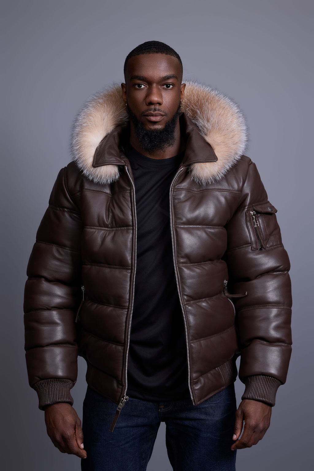 Men’s Aspen Leather Bubble Bomber Jacket [Chocolate/Crystal]