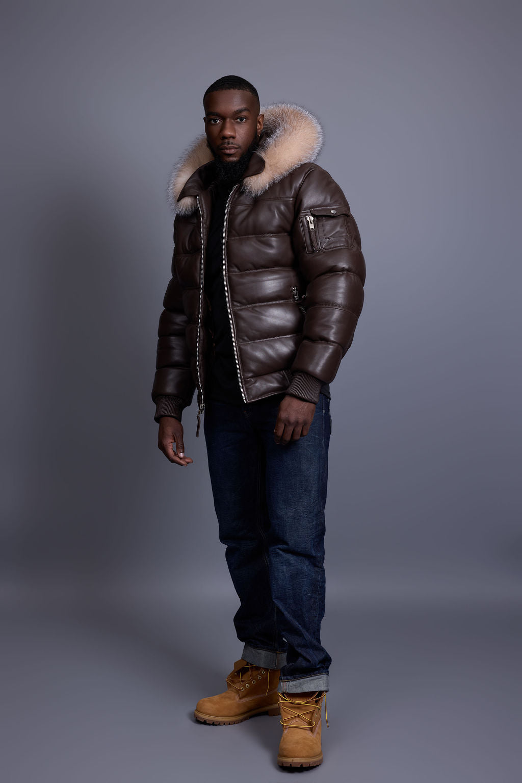 Men’s Aspen Leather Bubble Bomber Jacket [Chocolate/Crystal]