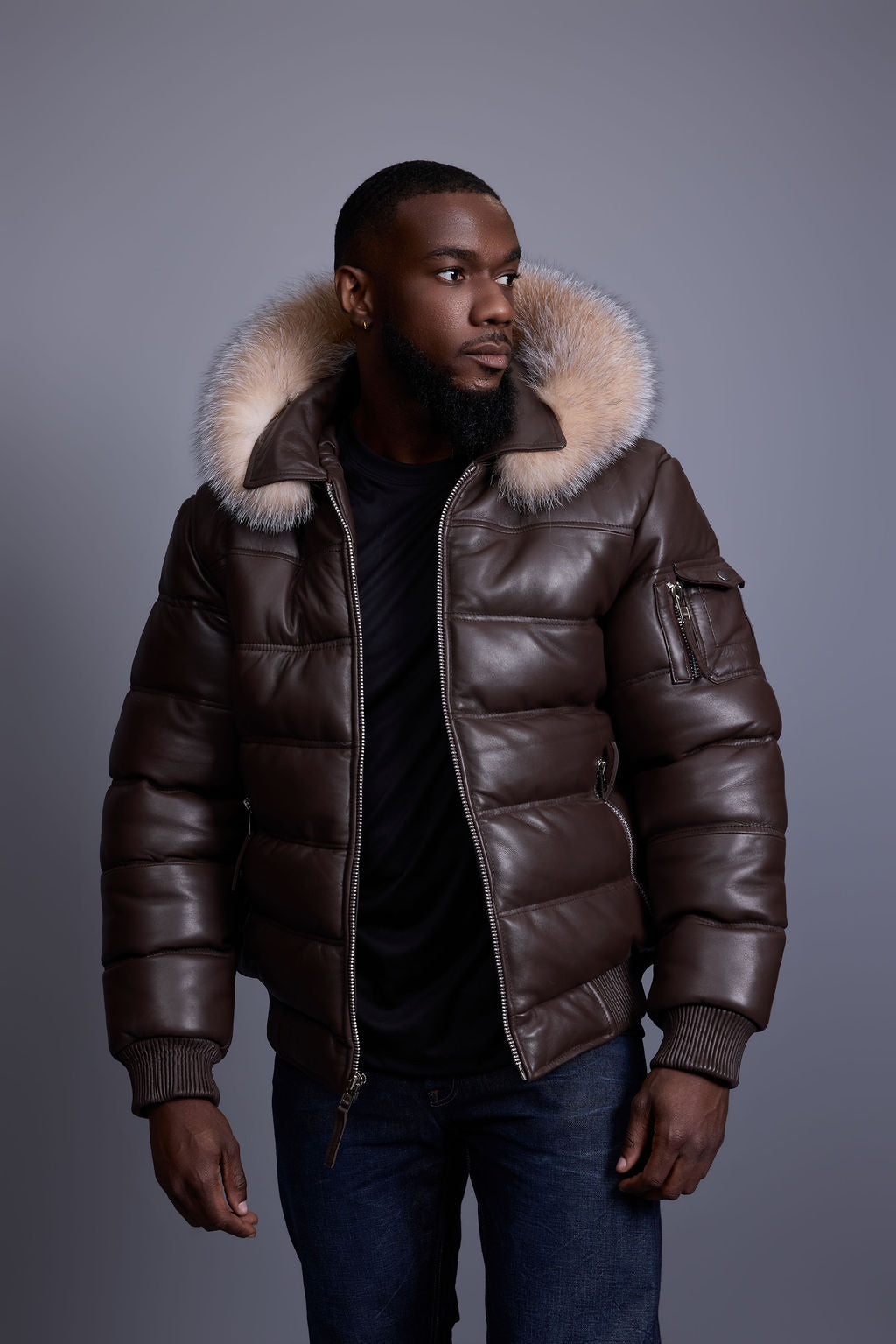 Men’s Aspen Leather Bubble Bomber Jacket [Chocolate/Crystal]