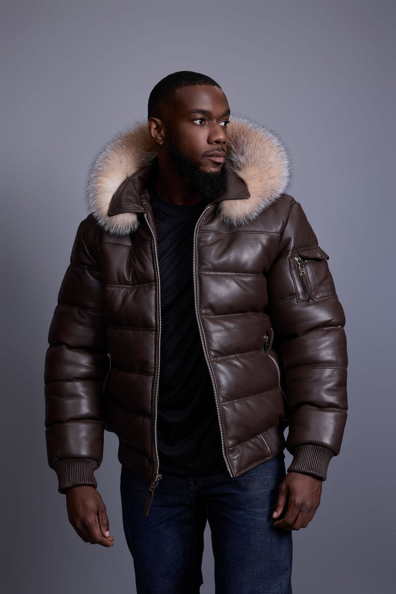 Men’s Aspen Leather Bubble Bomber Jacket [Chocolate/Crystal]