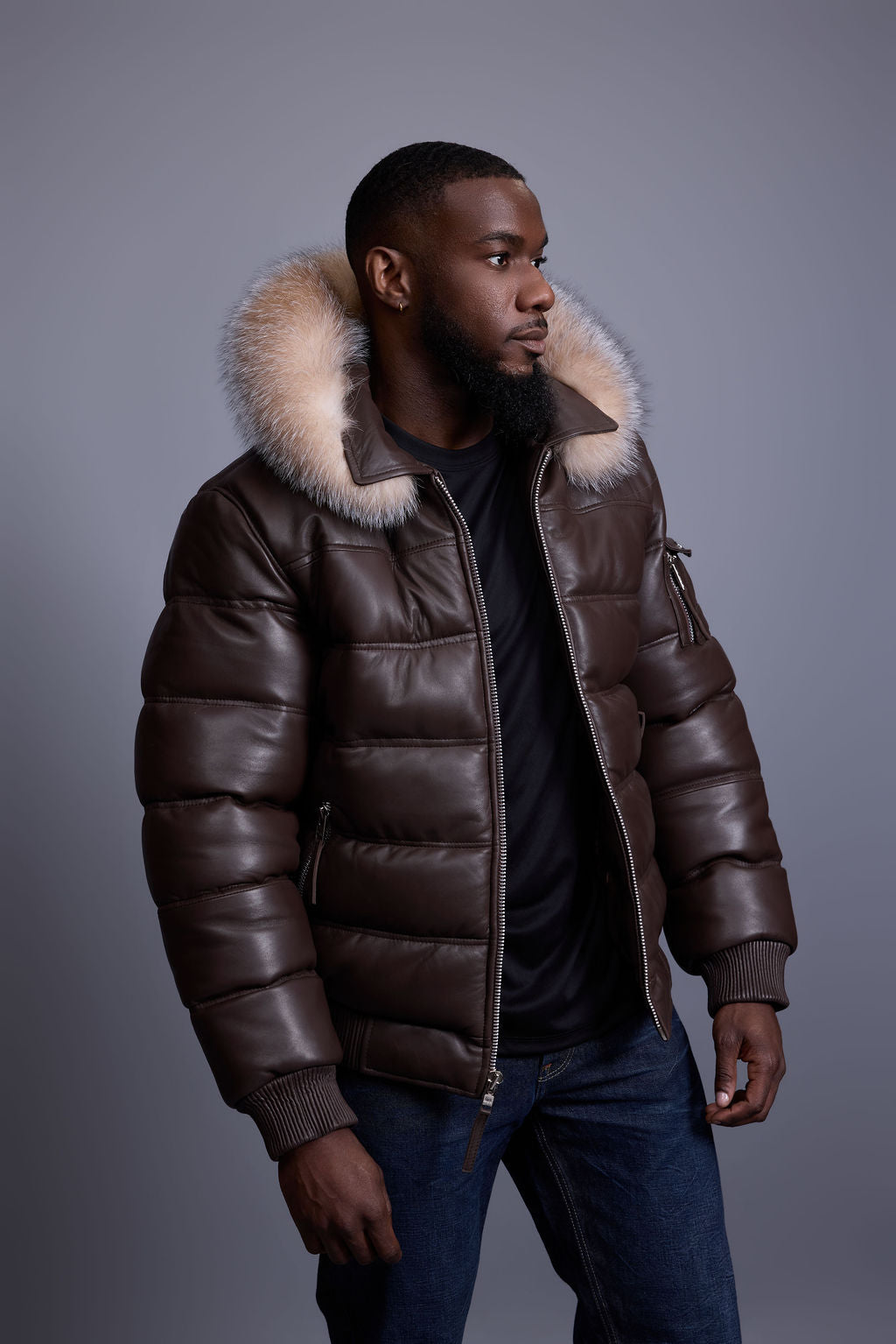 Men’s Aspen Leather Bubble Bomber Jacket [Chocolate/Crystal]