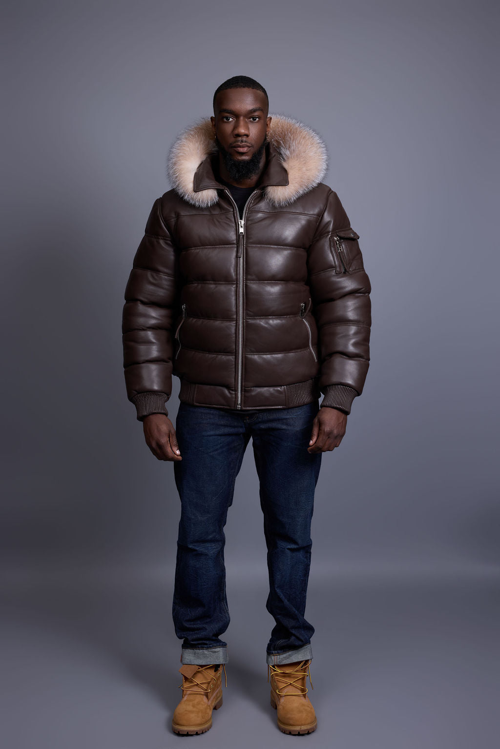 Men’s Aspen Leather Bubble Bomber Jacket [Chocolate/Crystal]