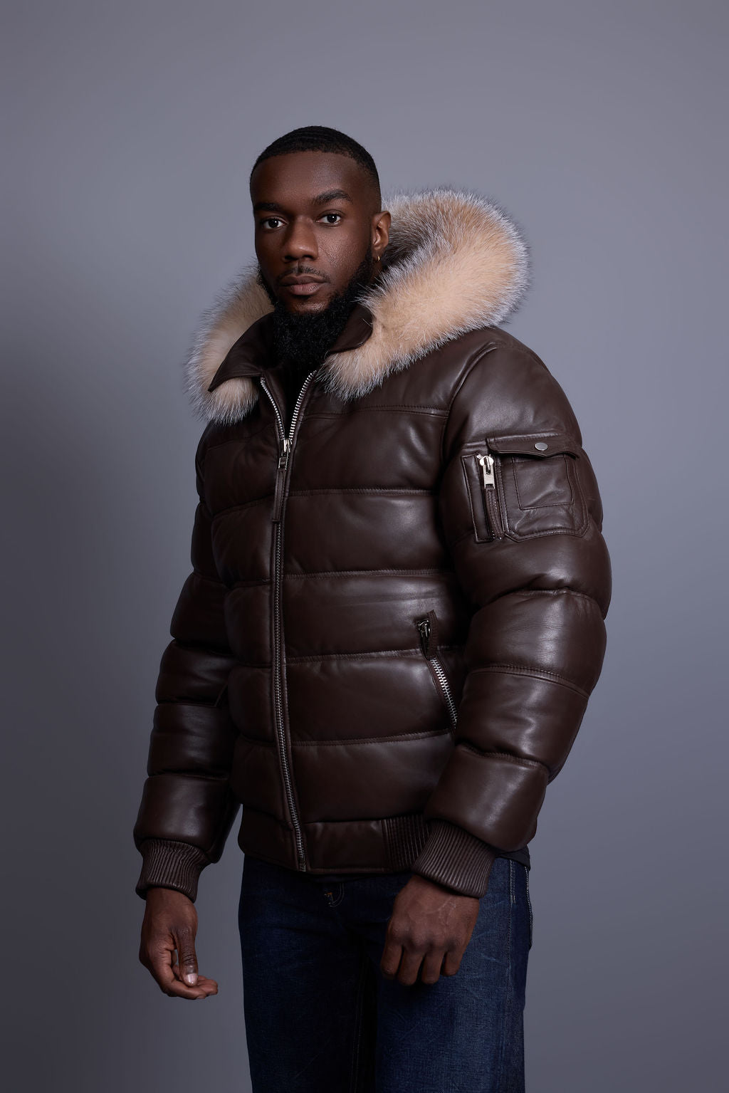 Men’s Aspen Leather Bubble Bomber Jacket [Chocolate/Crystal]