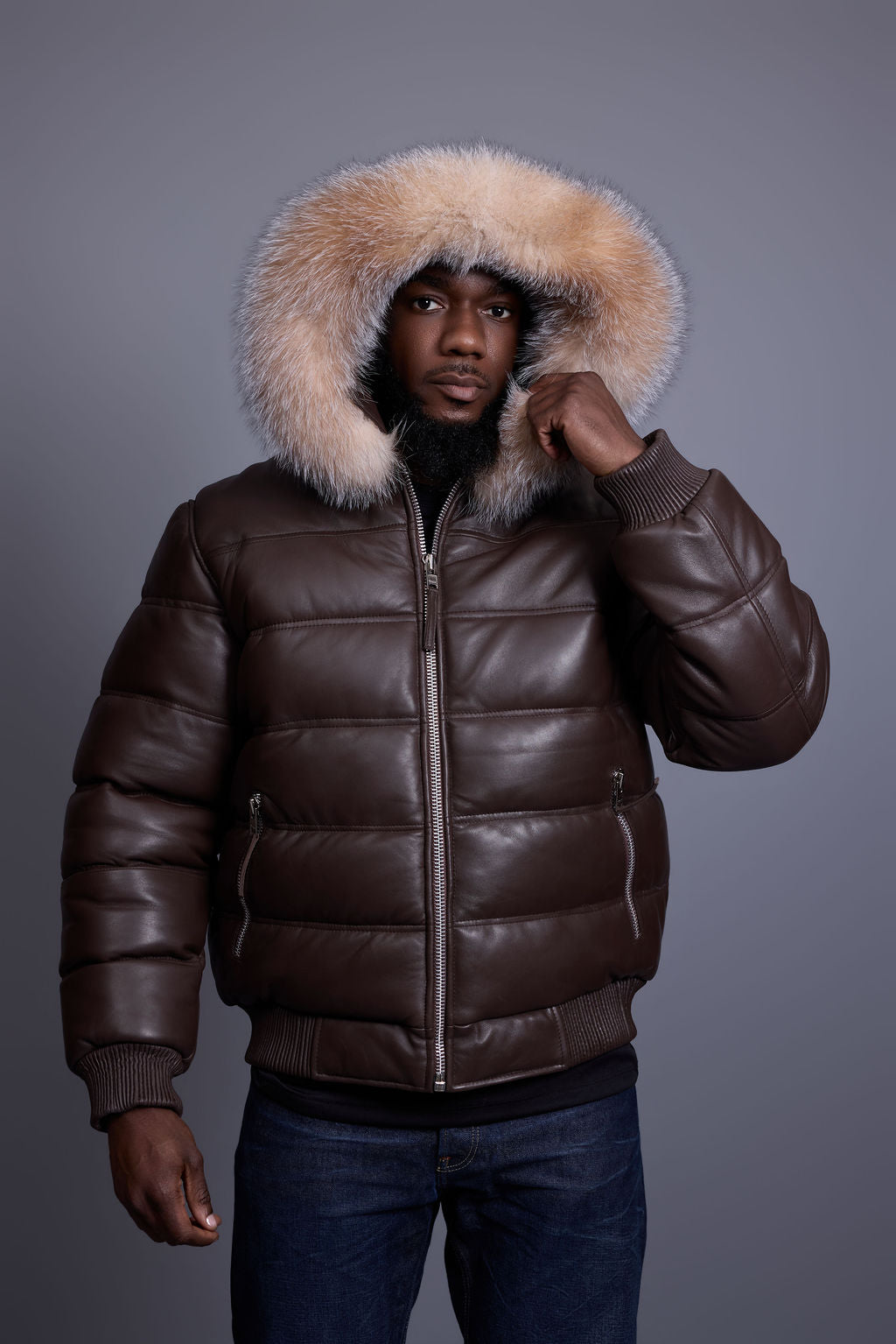 Men’s Aspen Leather Bubble Bomber Jacket [Chocolate/Crystal]