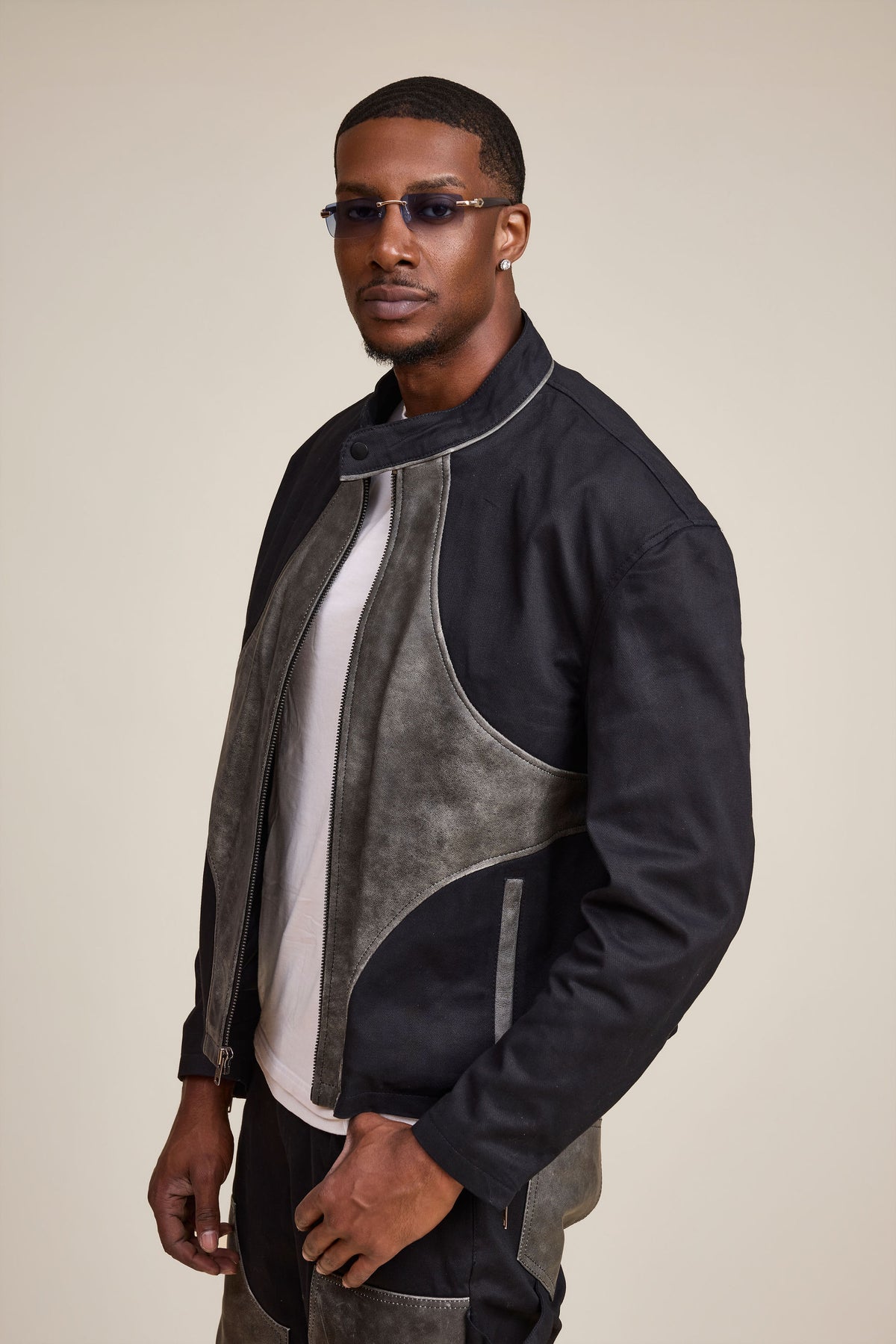 Men's Moto Set — Cotton Twill & Leather [Black/Distressed Grey]