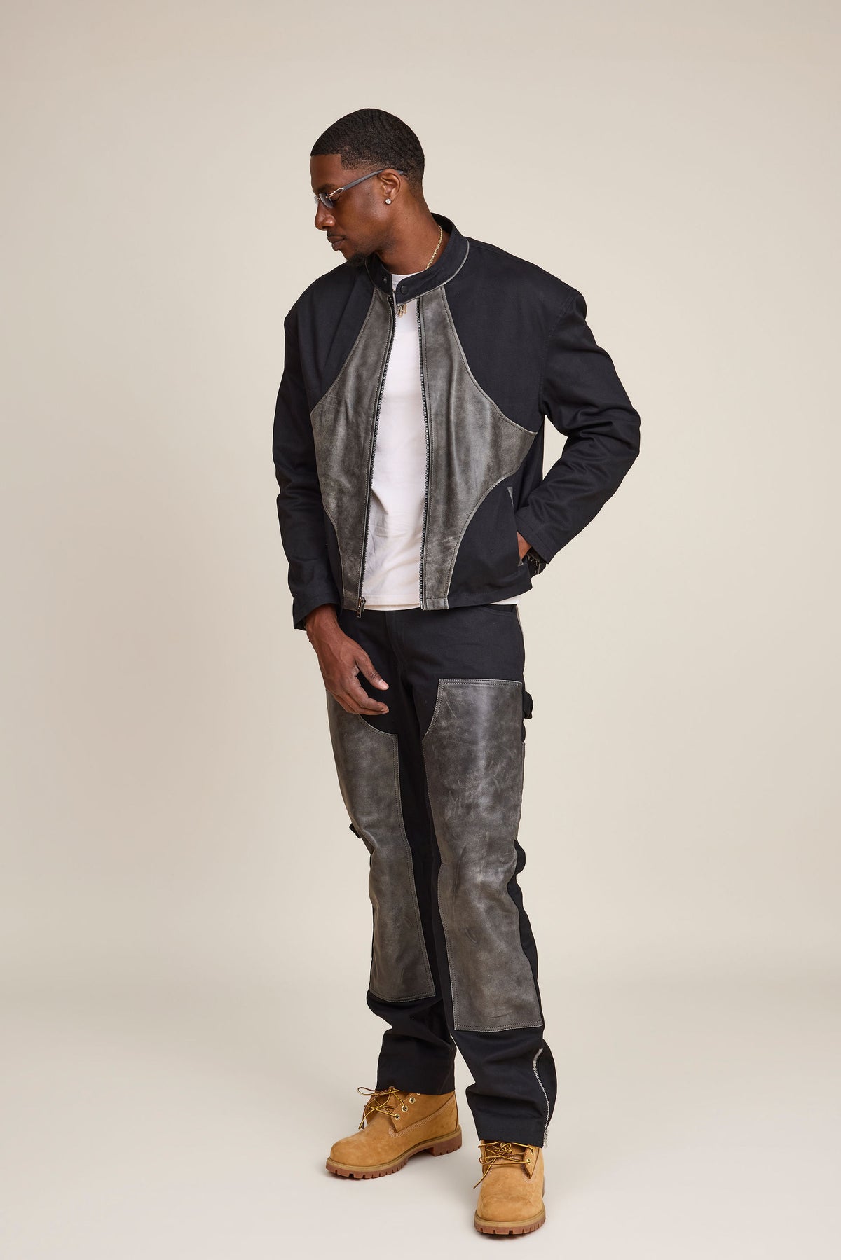 Men's Moto Set — Cotton Twill & Leather [Black/Distressed Grey]