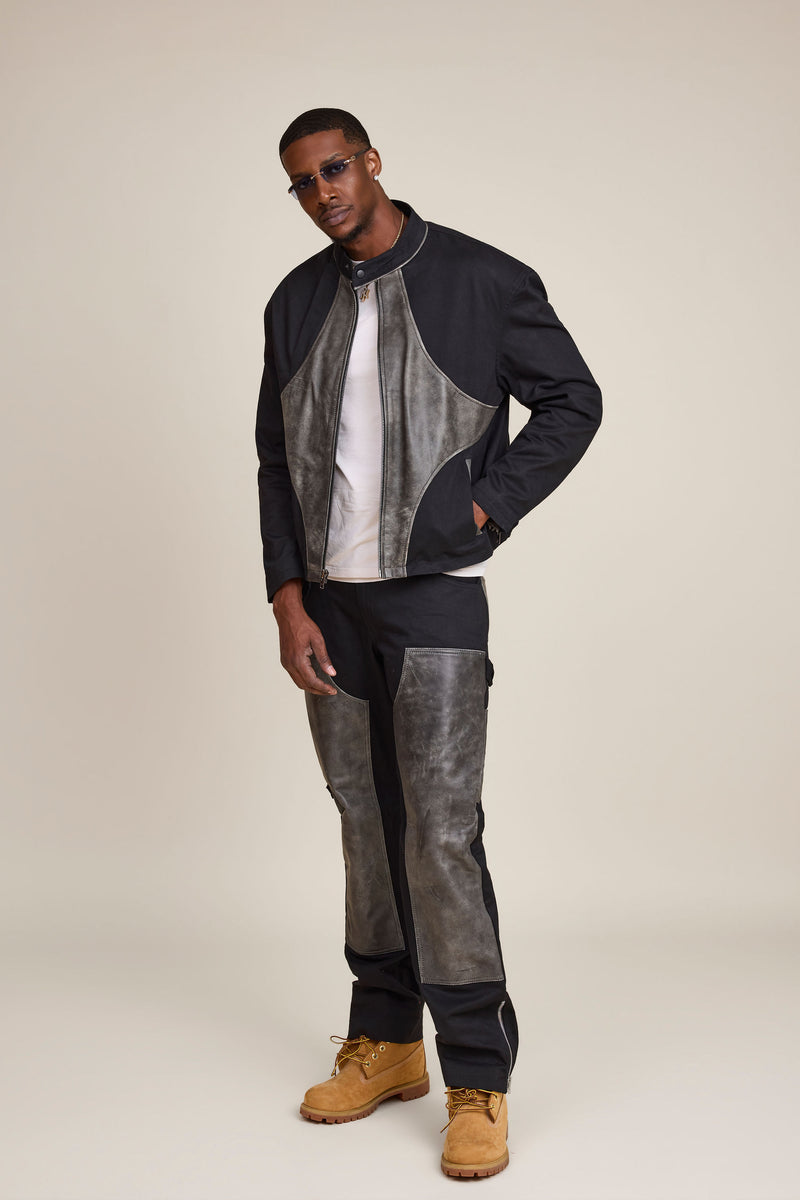 Men's Moto Set — Cotton Twill & Leather [Black/Distressed Grey]