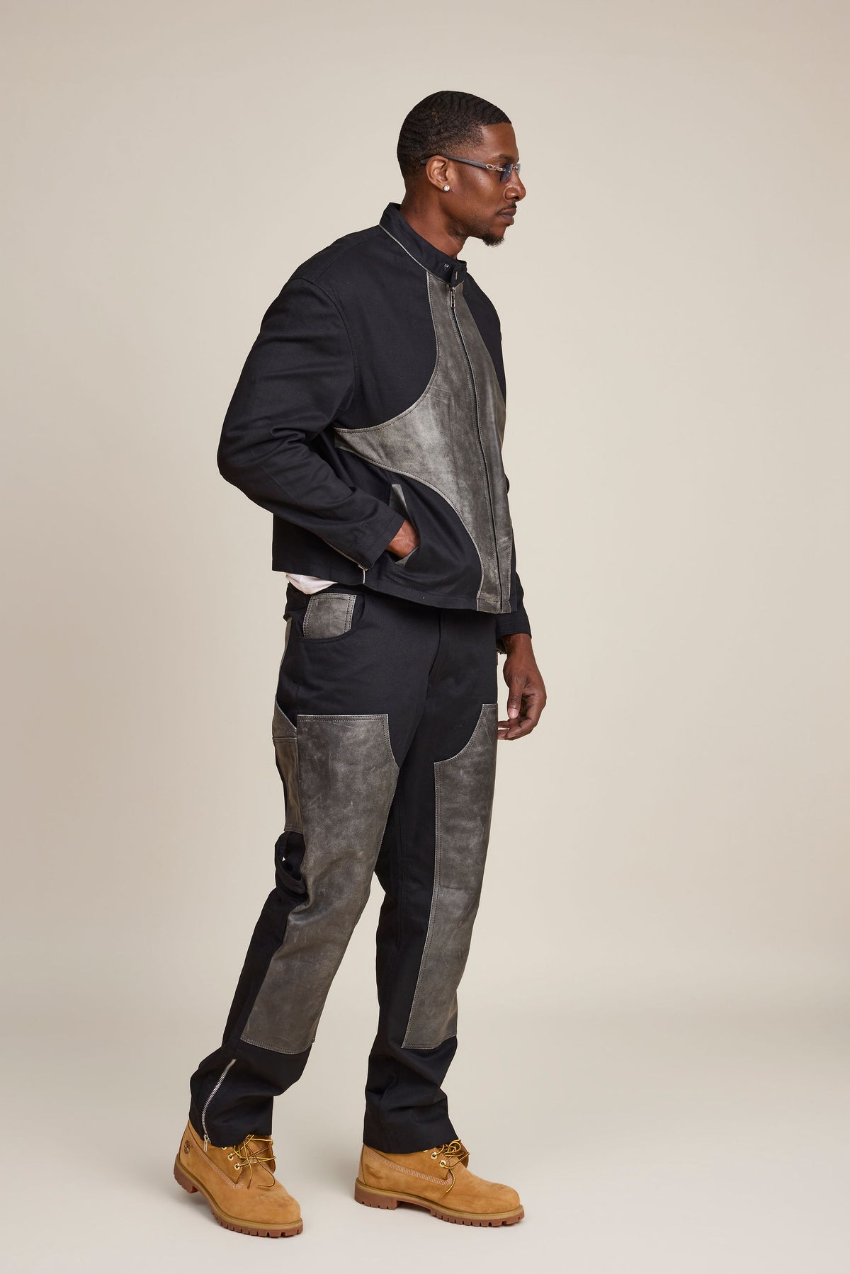 Men's Moto Set — Cotton Twill & Leather [Black/Distressed Grey]