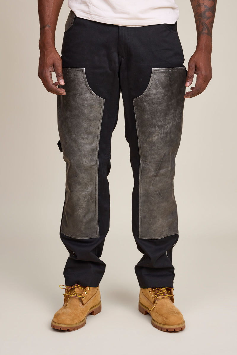 Men's Cotton & Leather Carpenter Pants [Black/Grey]