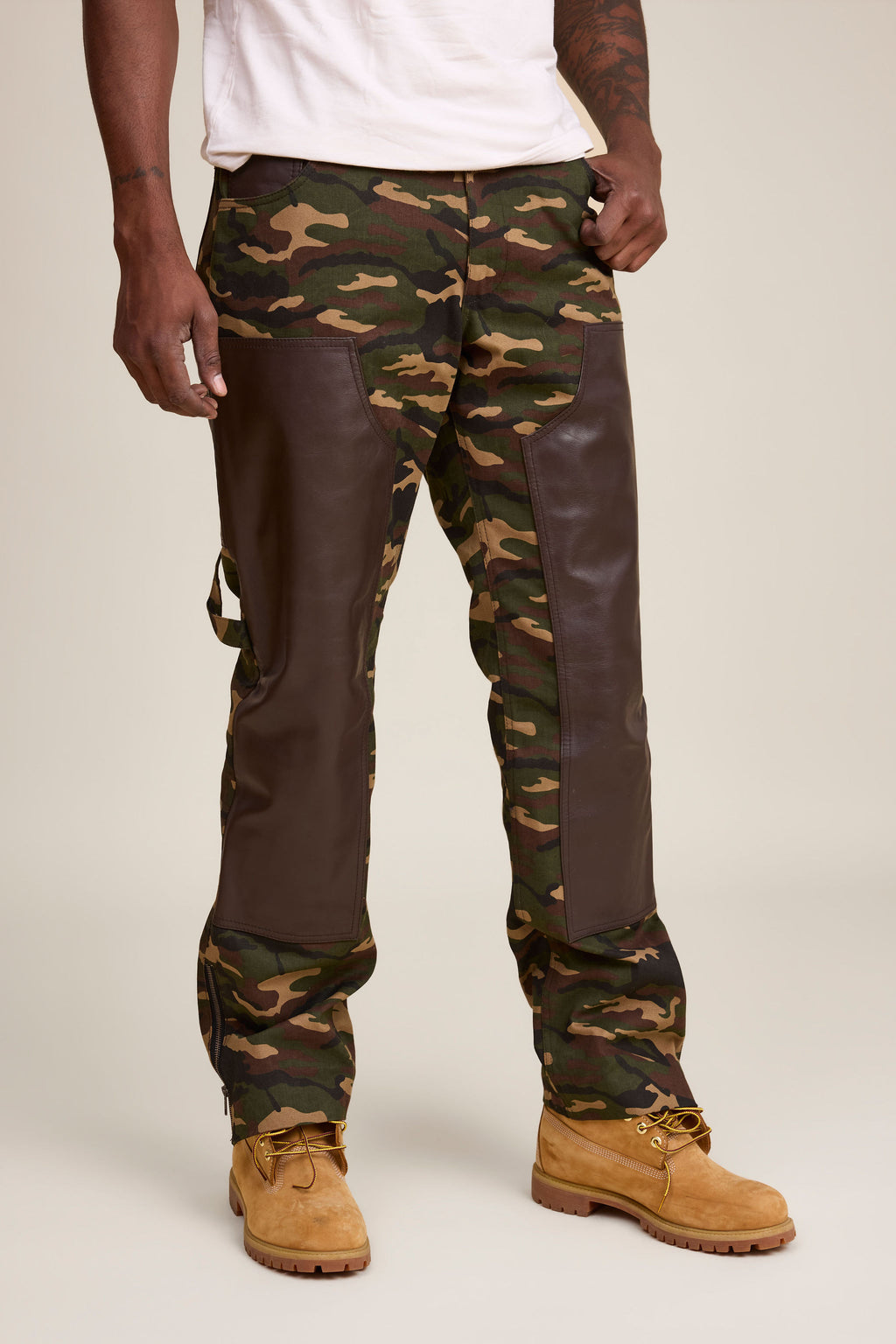 Men's Cotton & Leather Carpenter Pants [Camo/Brown]