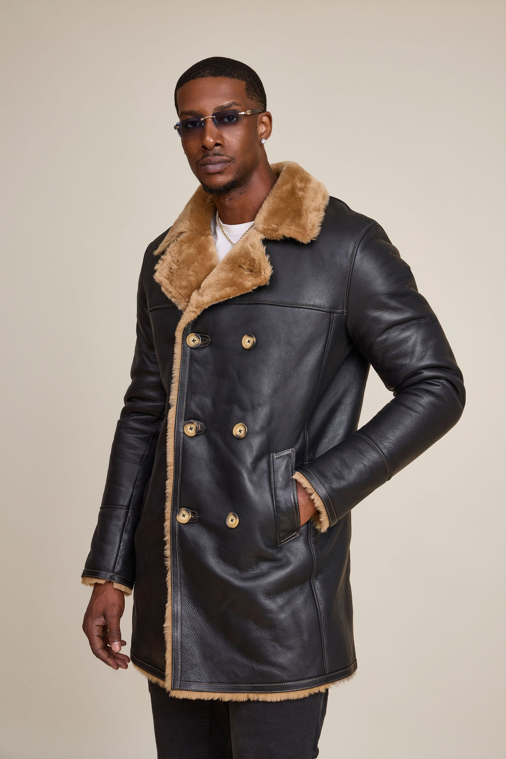 Men's Donovan Shearling Pea Coat [Black/Brown]