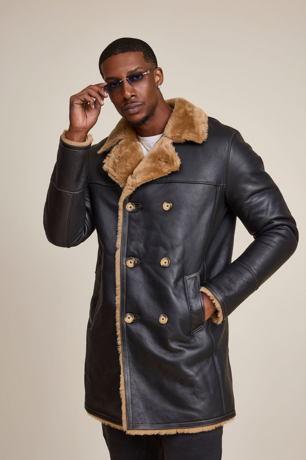 Men's Donovan Shearling Pea Coat [Black/Brown]