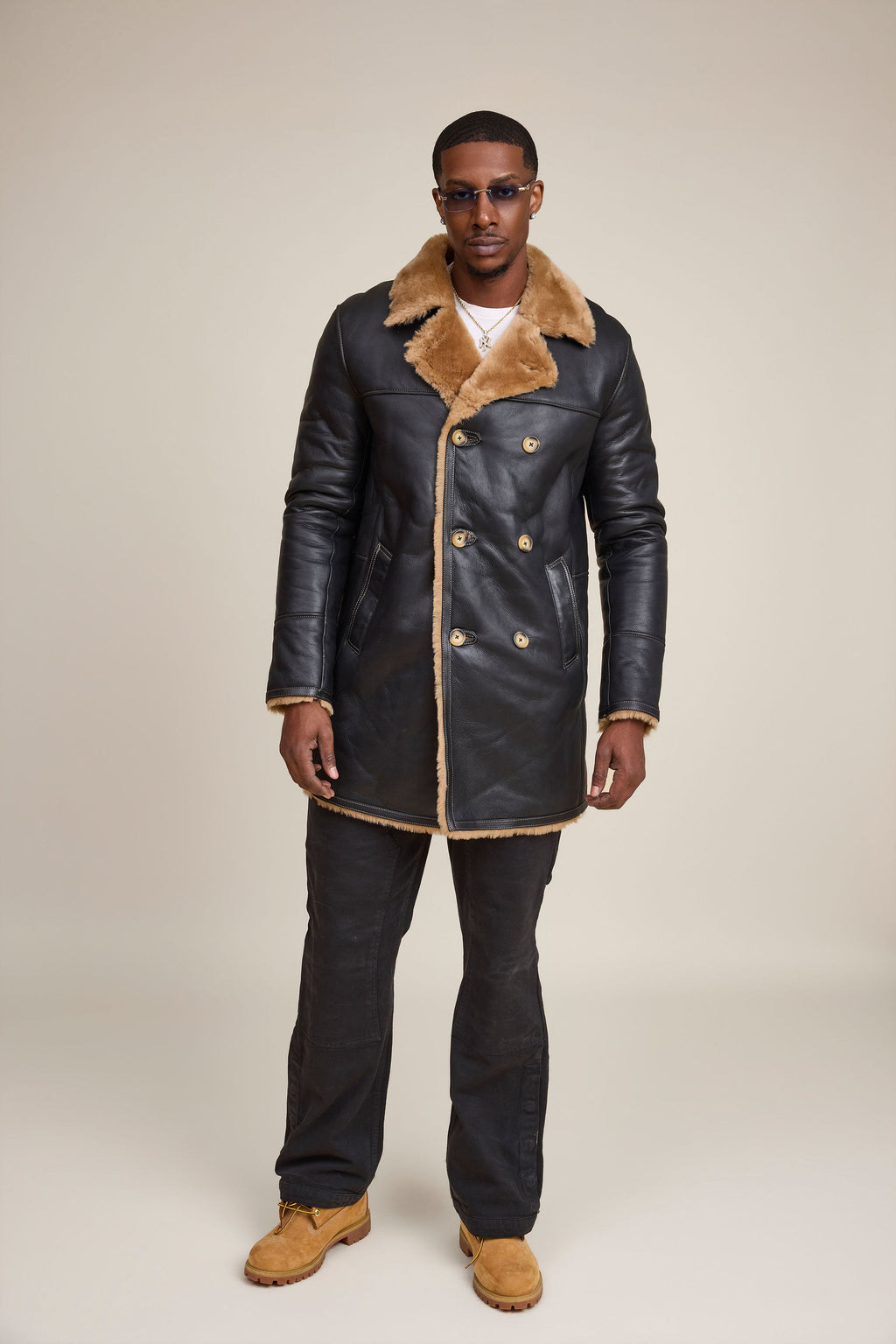 Men's Donovan Shearling Pea Coat [Black/Brown]