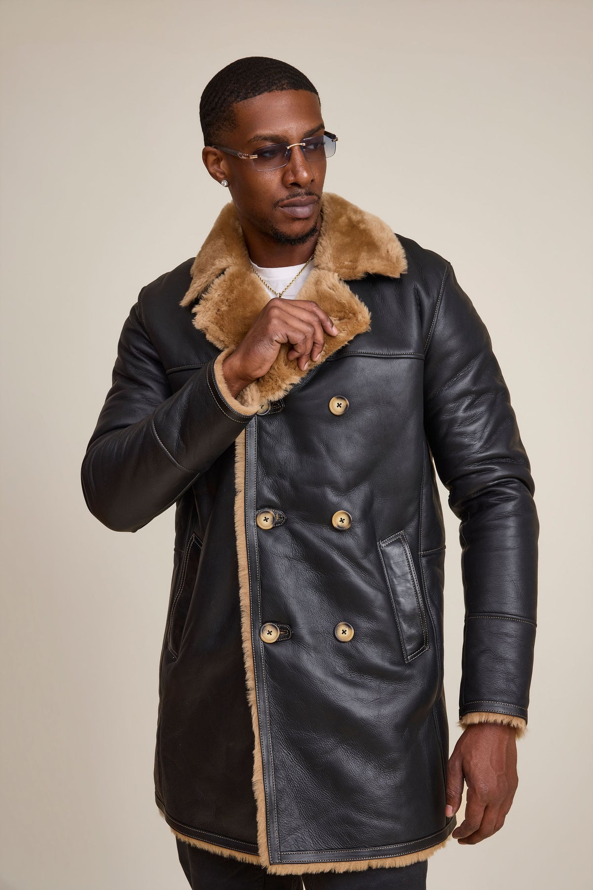 Men's Donovan Shearling Pea Coat [Black/Brown]