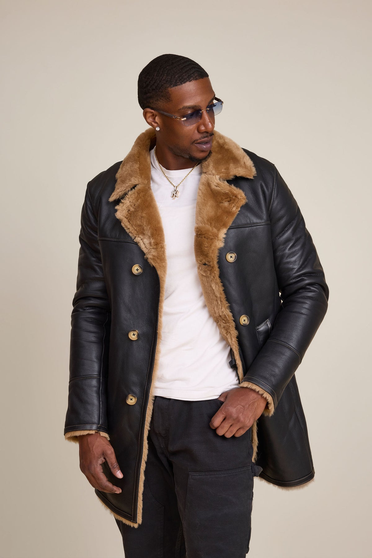Men's Donovan Shearling Pea Coat [Black/Brown]