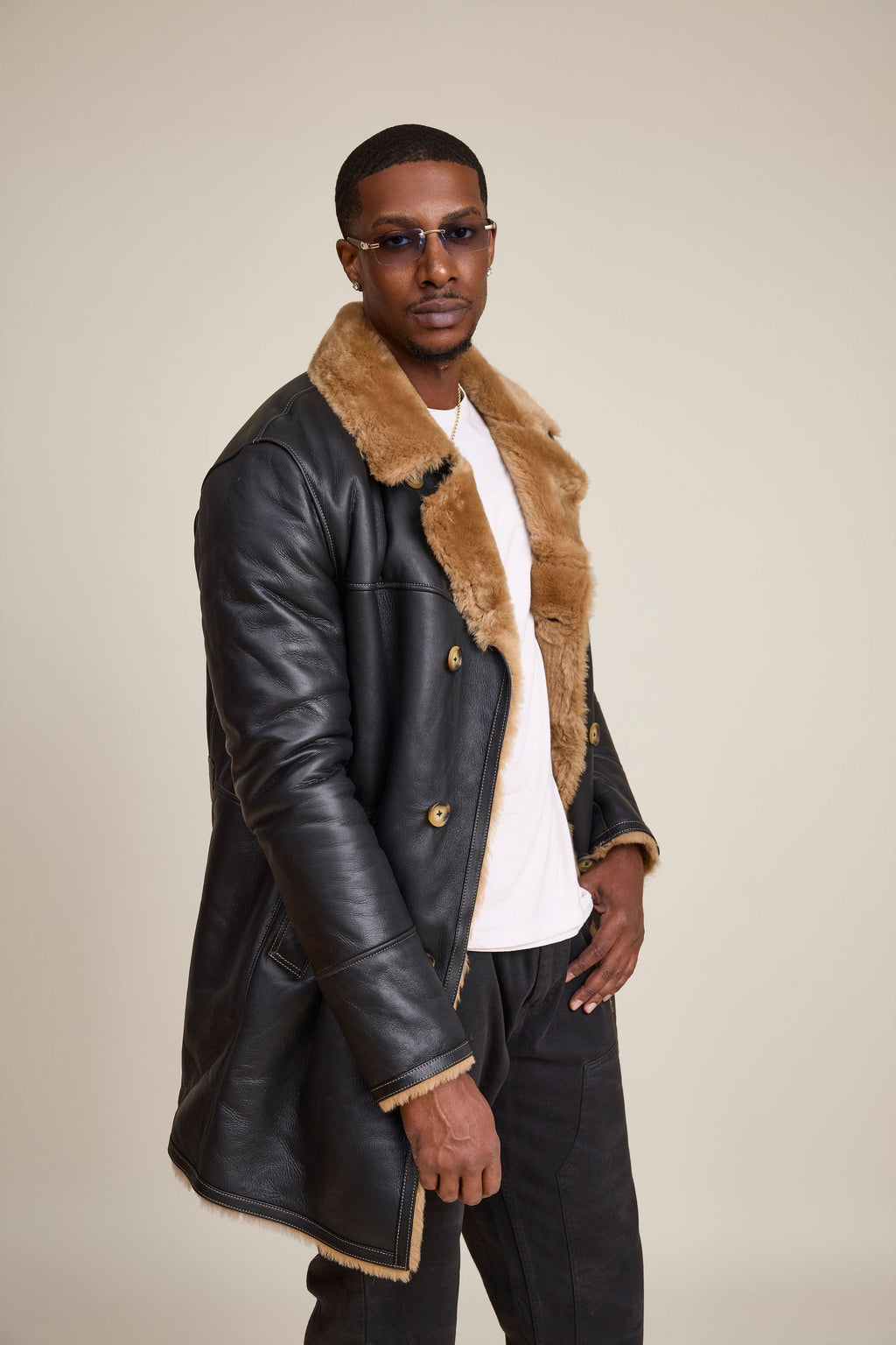 Men's Donovan Shearling Pea Coat [Black/Brown]