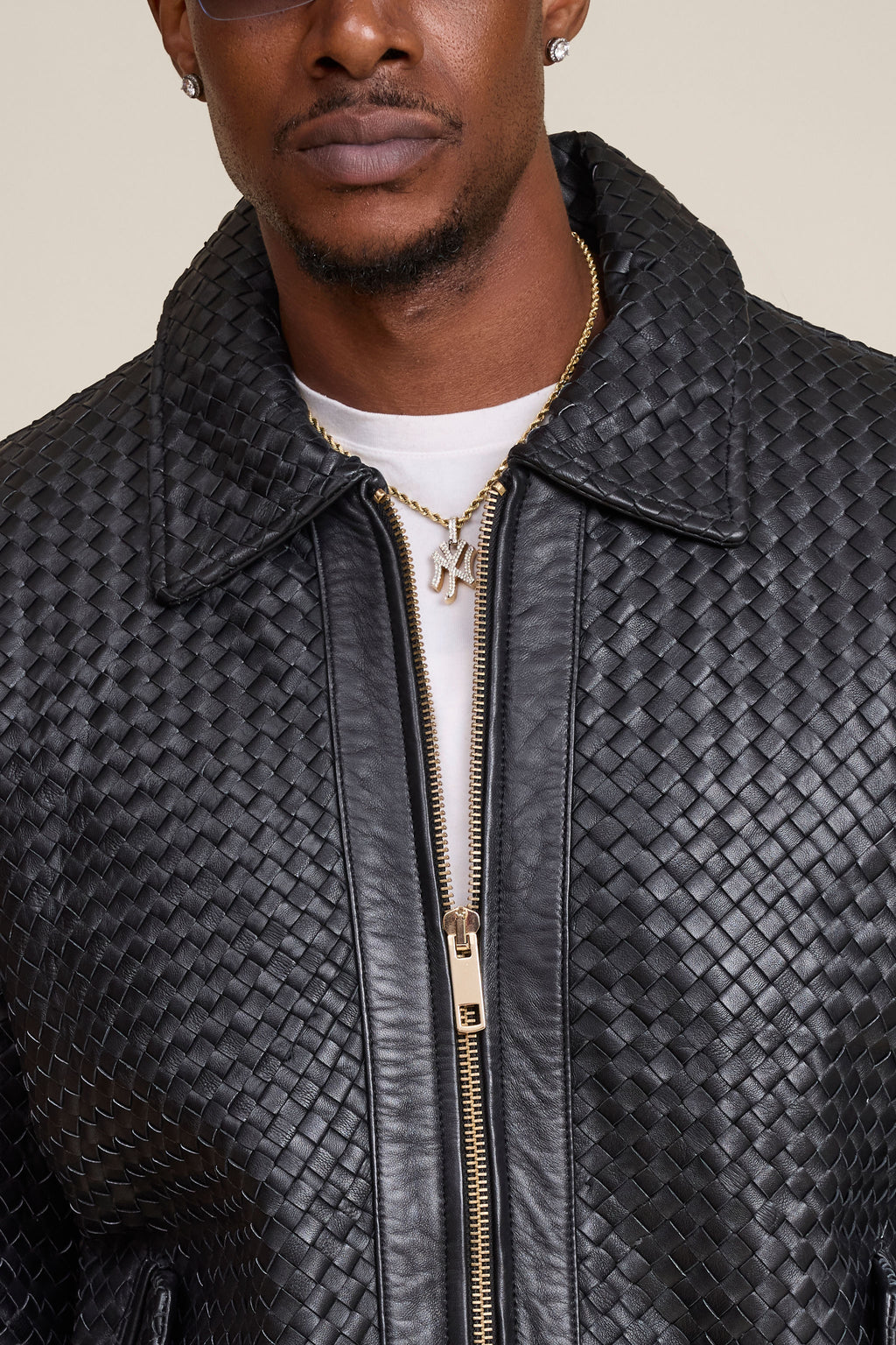 Men's Faris Braided Leather Bomber Jacket [Black]