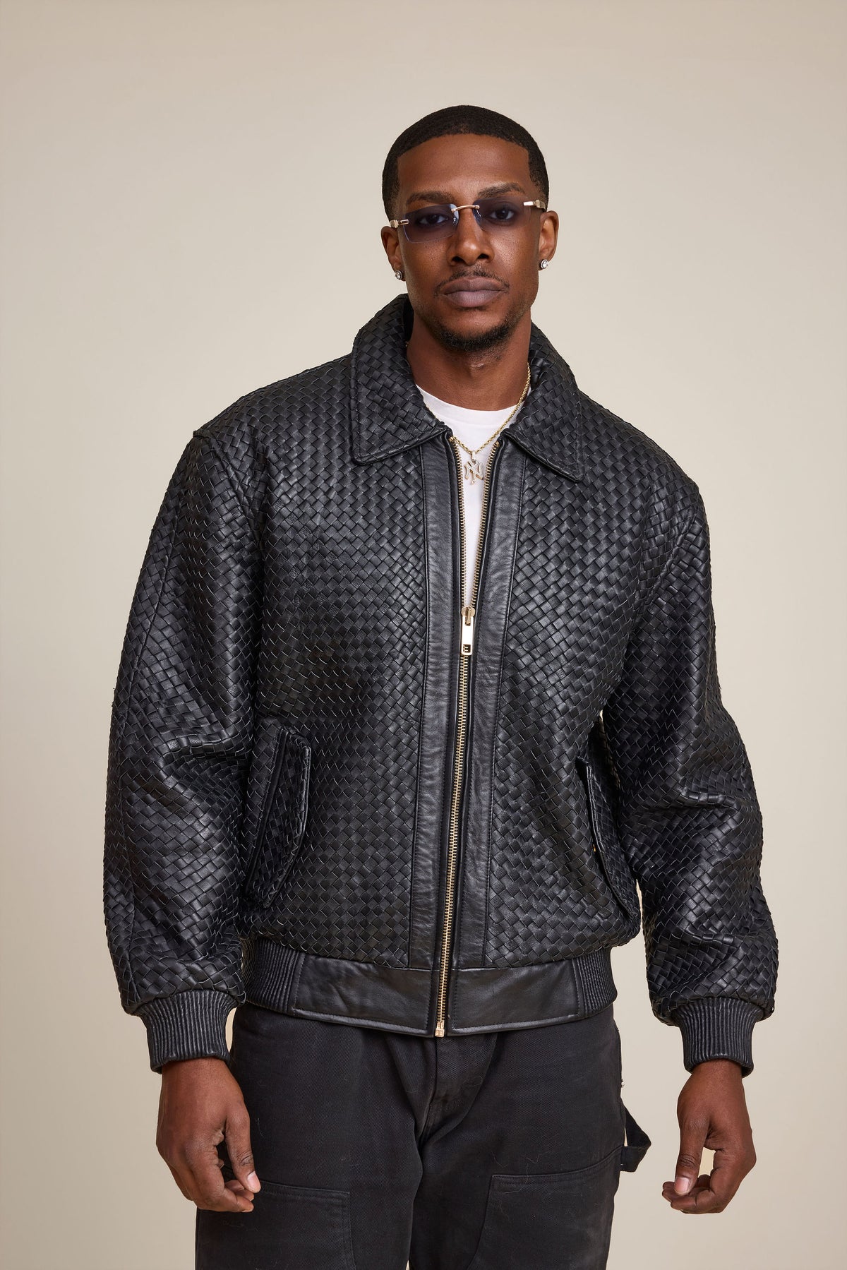 Men's Faris Braided Leather Bomber Jacket [Black]