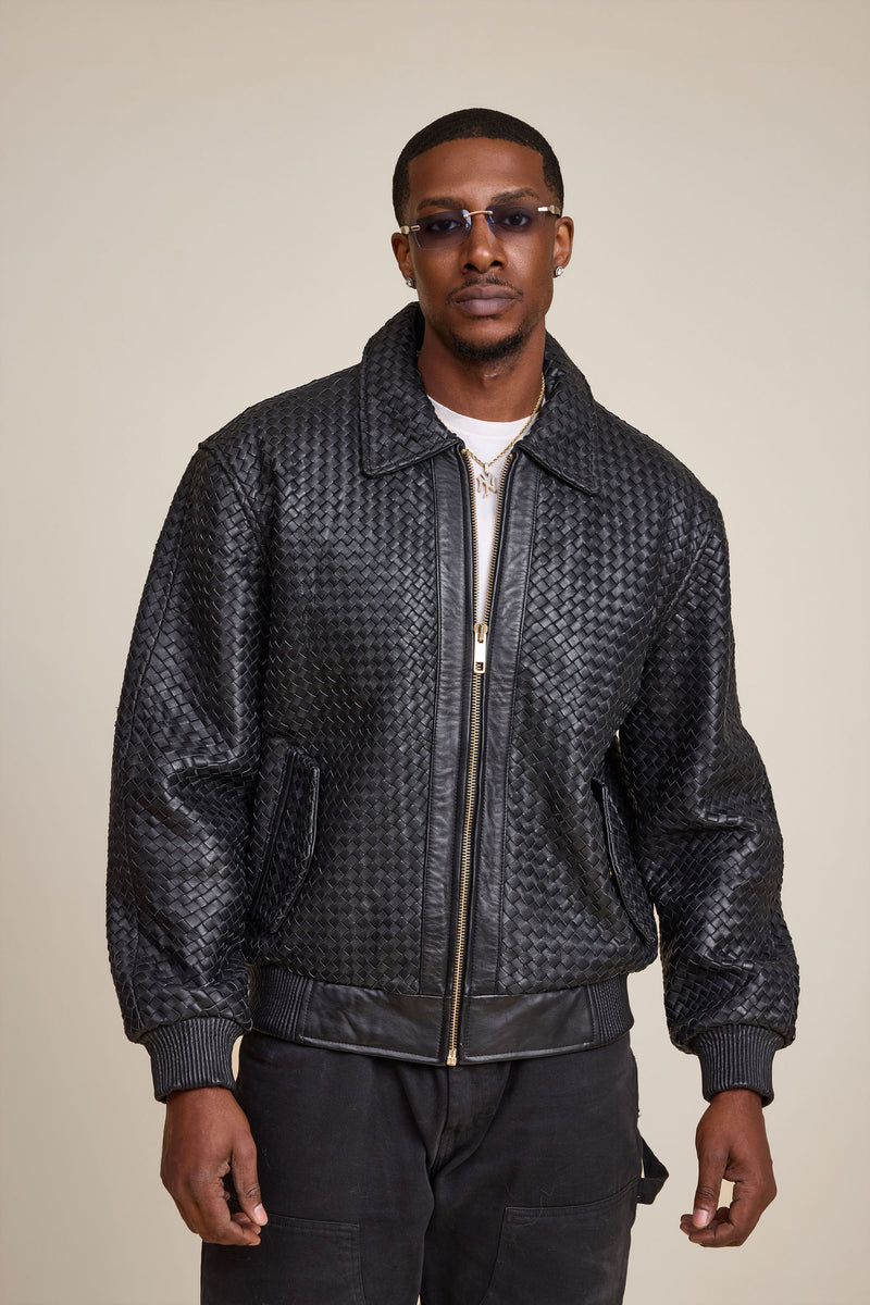 Men's Faris Braided Leather Bomber Jacket [Black]