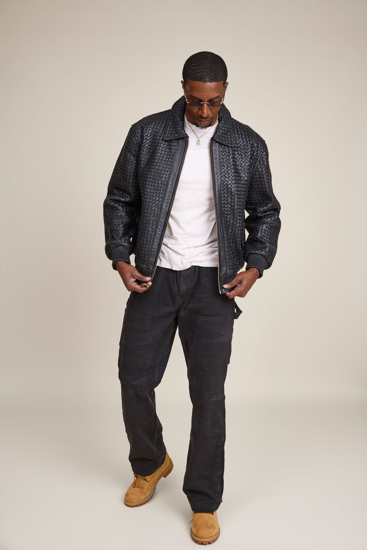 Men's Faris Braided Leather Bomber Jacket [Black]