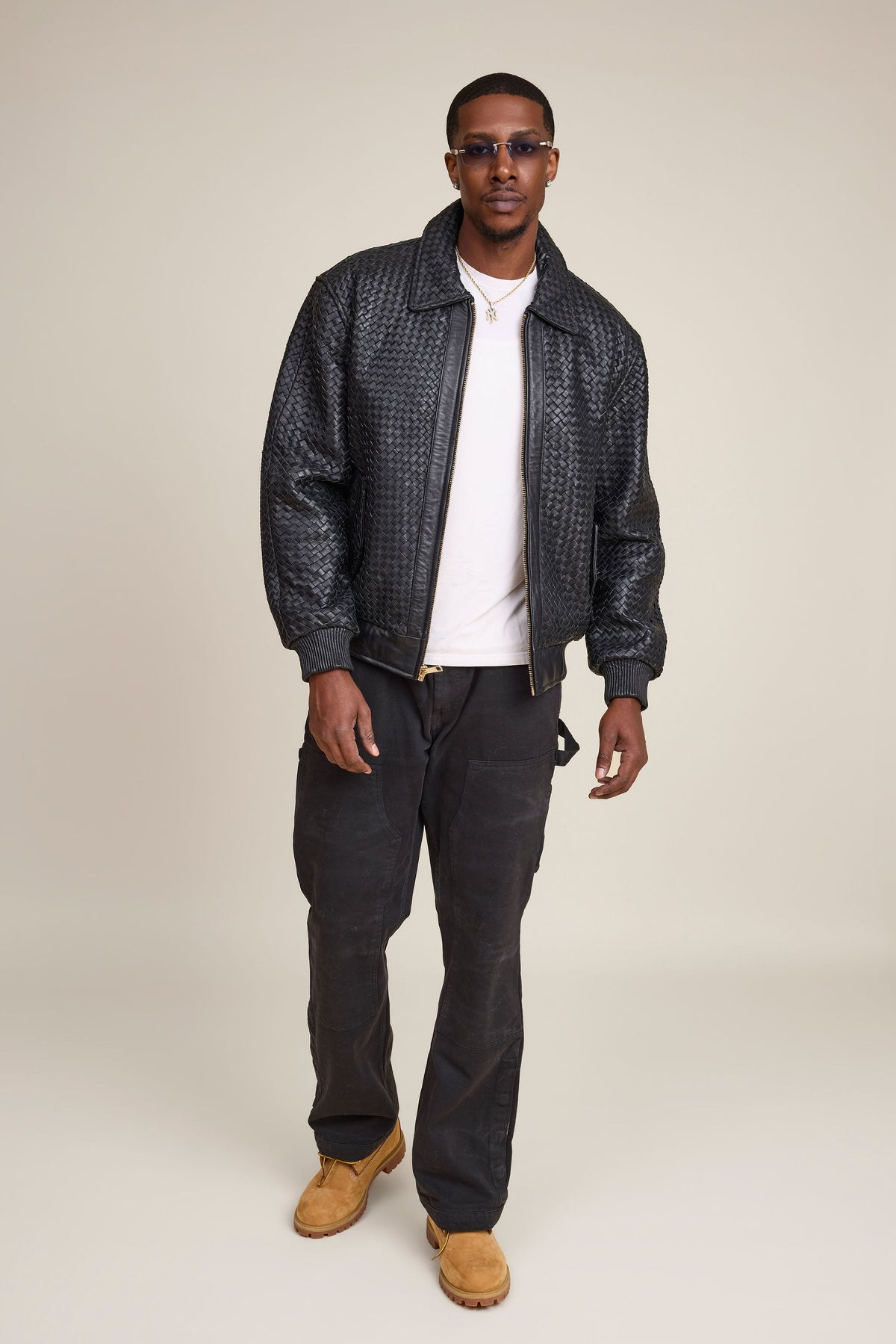 Men's Faris Braided Leather Bomber Jacket [Black]
