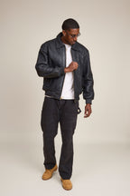 Men's Faris Braided Leather Bomber Jacket [Black]