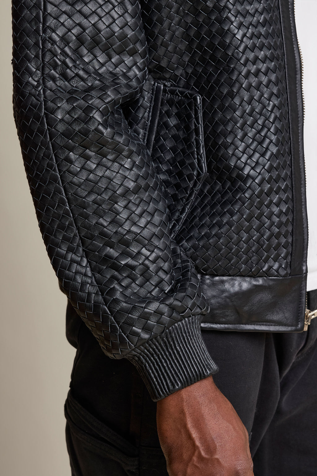 Men's Faris Braided Leather Bomber Jacket [Black]