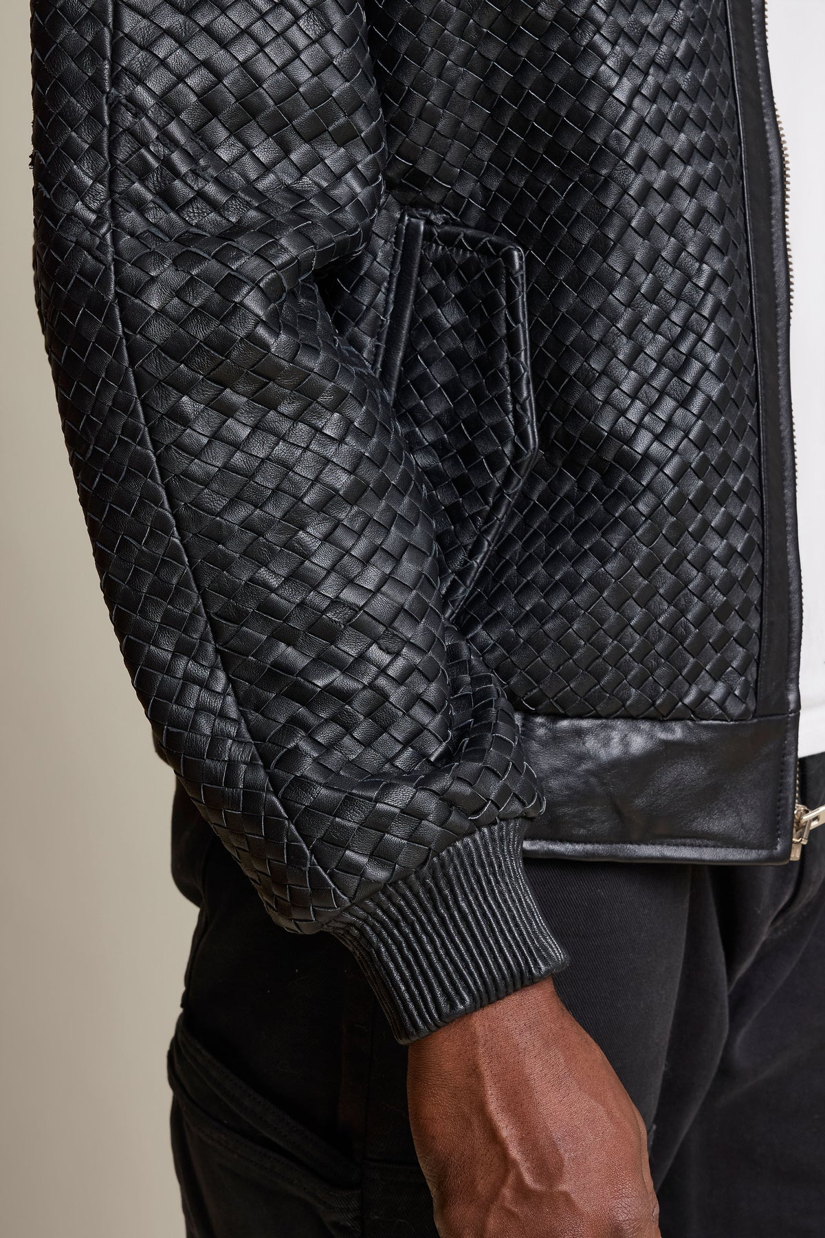 Men's Faris Braided Leather Bomber Jacket [Black]