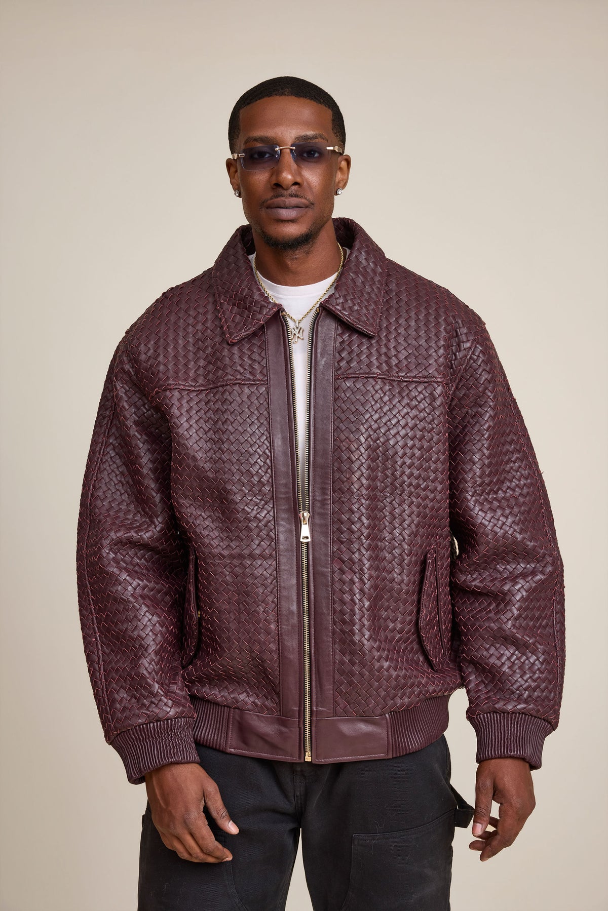 Men's Faris Braided Leather Bomber Jacket [Burgundy]