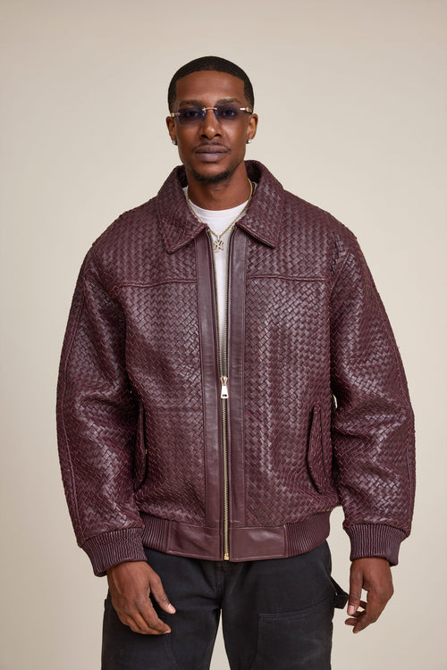 Men's Faris Braided Leather Bomber Jacket [Burgundy]