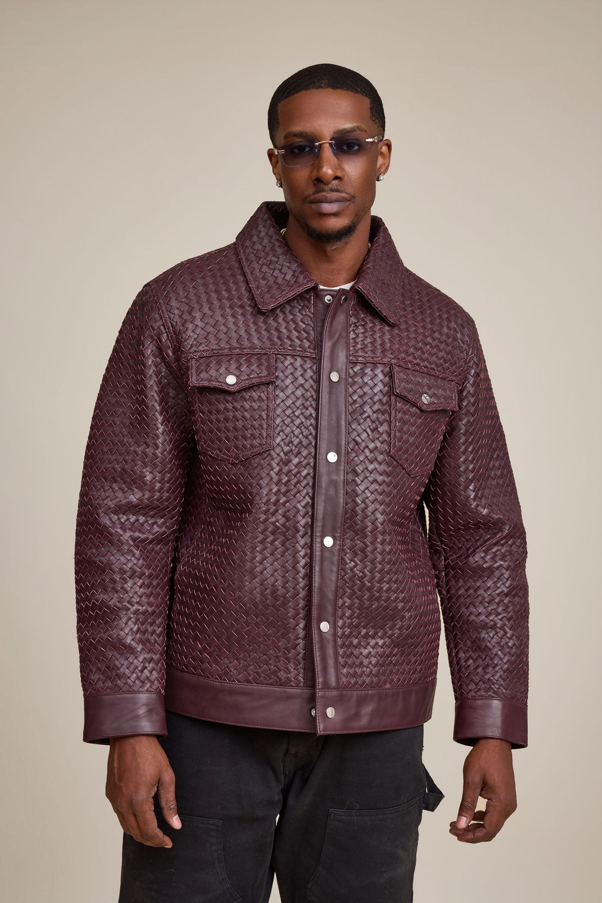 Men's Dylan Braided Leather Jean Jacket [Burgundy]