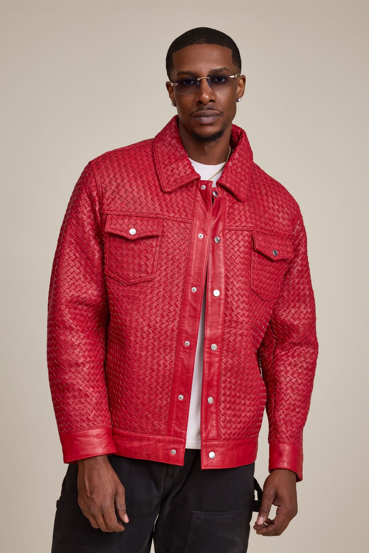 Men's Dylan Braided Leather Jean Jacket [Red]