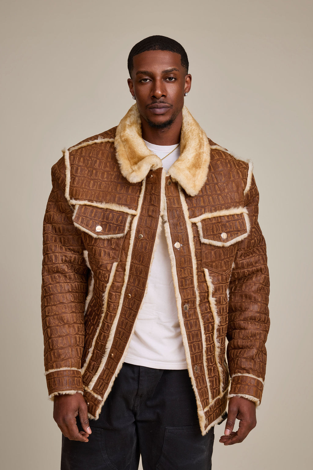 Men's Shepherd Embossed Crocodile Shearling Jacket [Whiskey Suede]