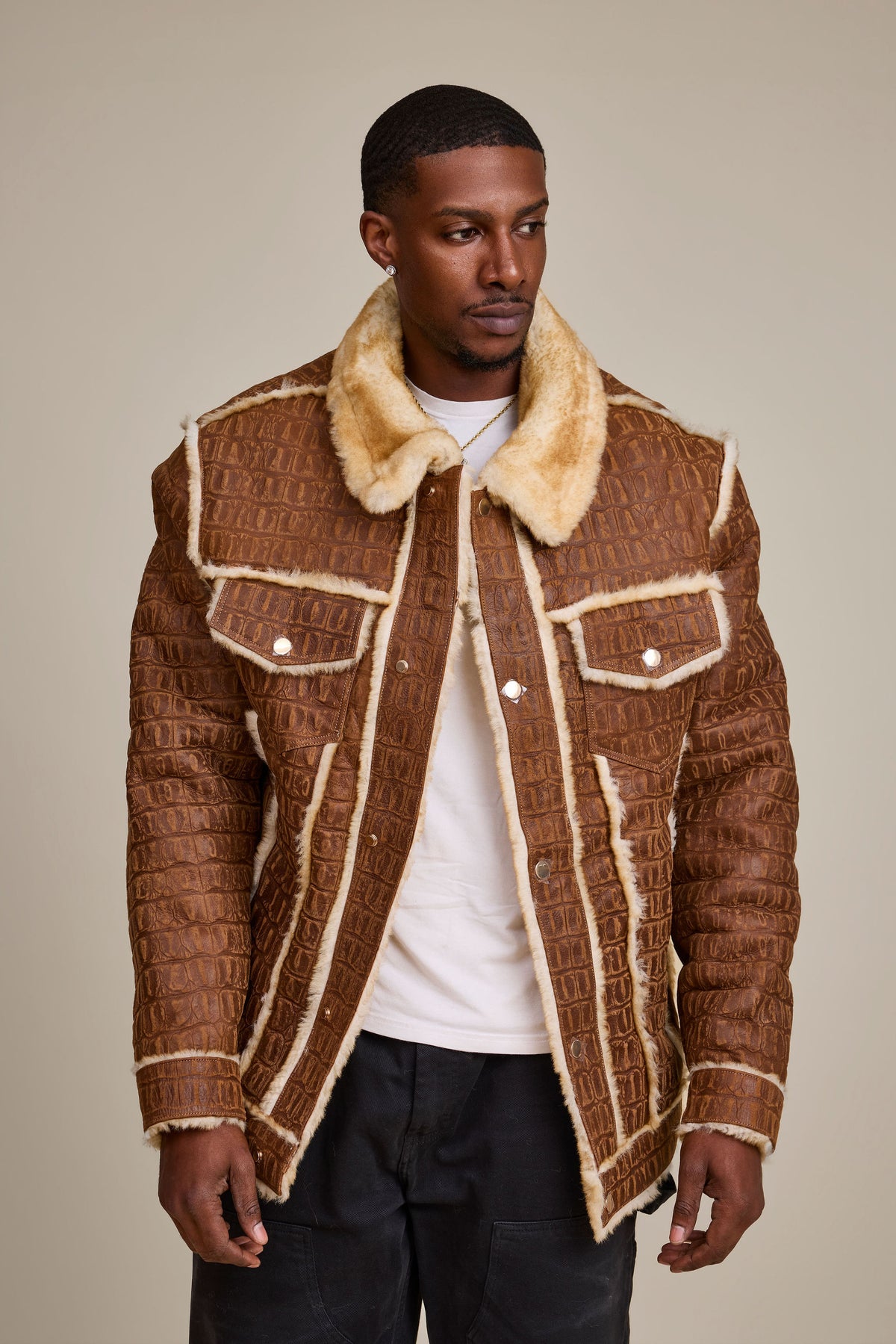 Men's Shepherd Embossed Crocodile Shearling Jacket [Whiskey Suede]