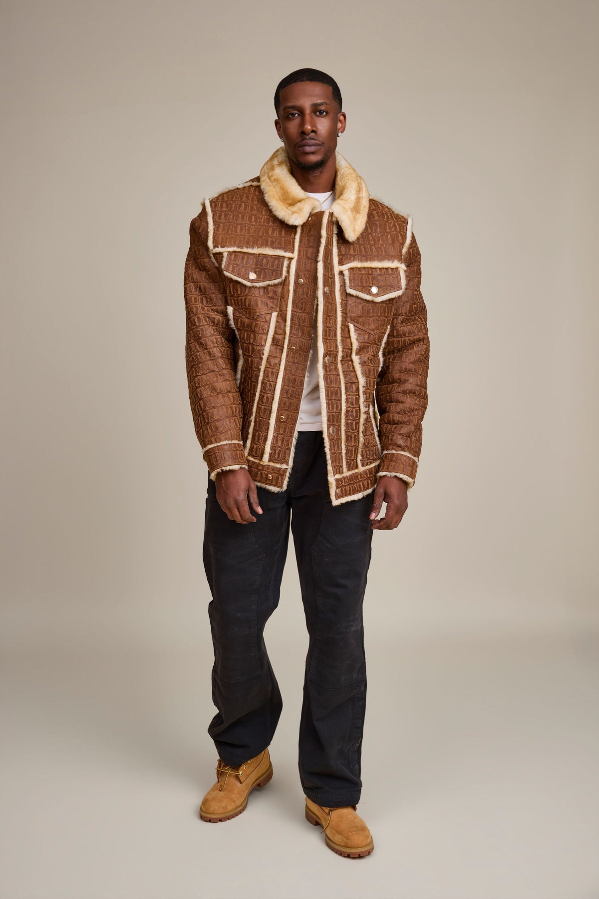 Men's Shepherd Embossed Crocodile Shearling Jacket [Whiskey Suede]