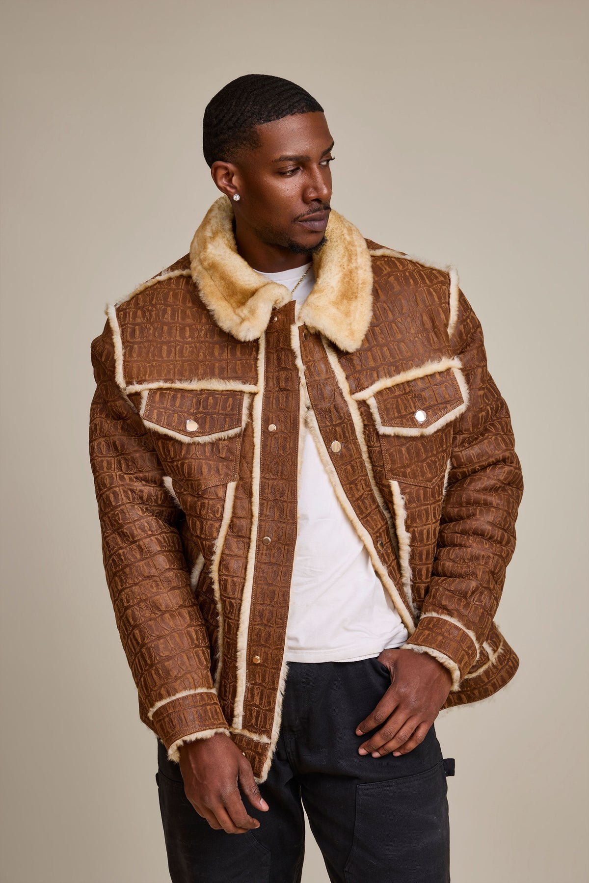 Men's Shepherd Embossed Crocodile Shearling Jacket [Whiskey Suede]
