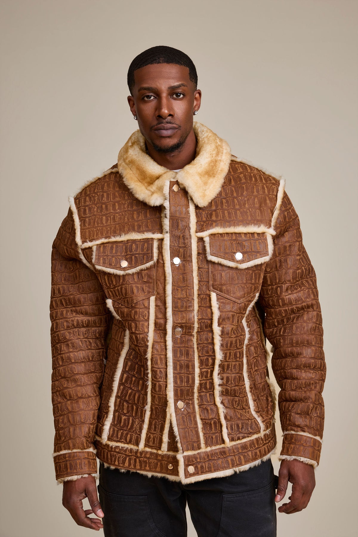 Men's Shepherd Embossed Crocodile Shearling Jacket [Whiskey Suede]