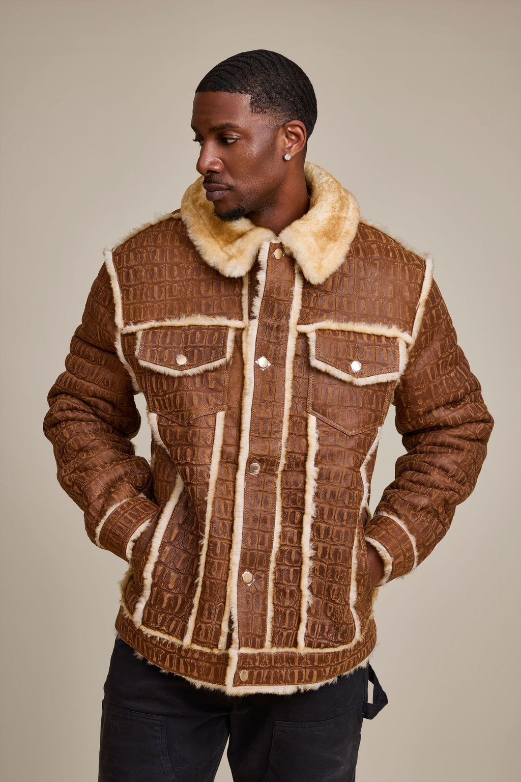 Men's Shepherd Embossed Crocodile Shearling Jacket [Whiskey Suede]