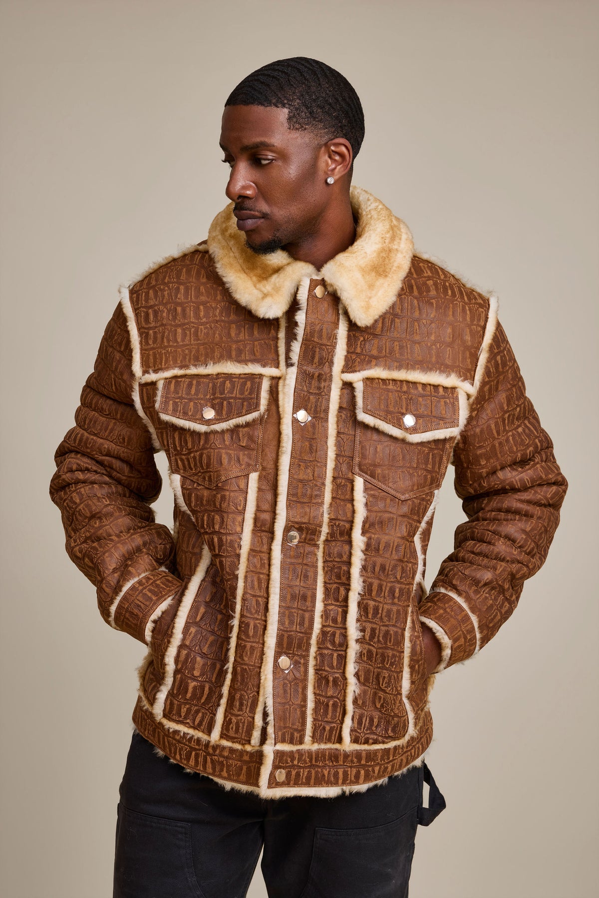 Men's Shepherd Embossed Crocodile Shearling Jacket [Whiskey Suede]