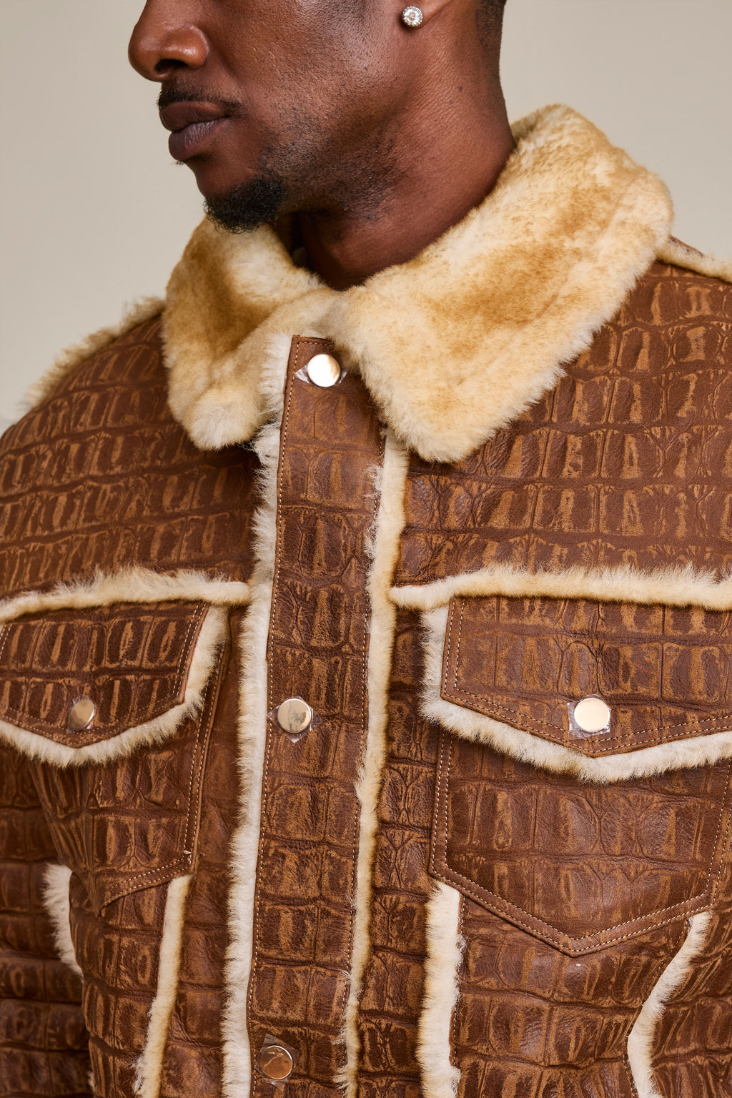 Men's Shepherd Embossed Crocodile Shearling Jacket [Whiskey Suede]