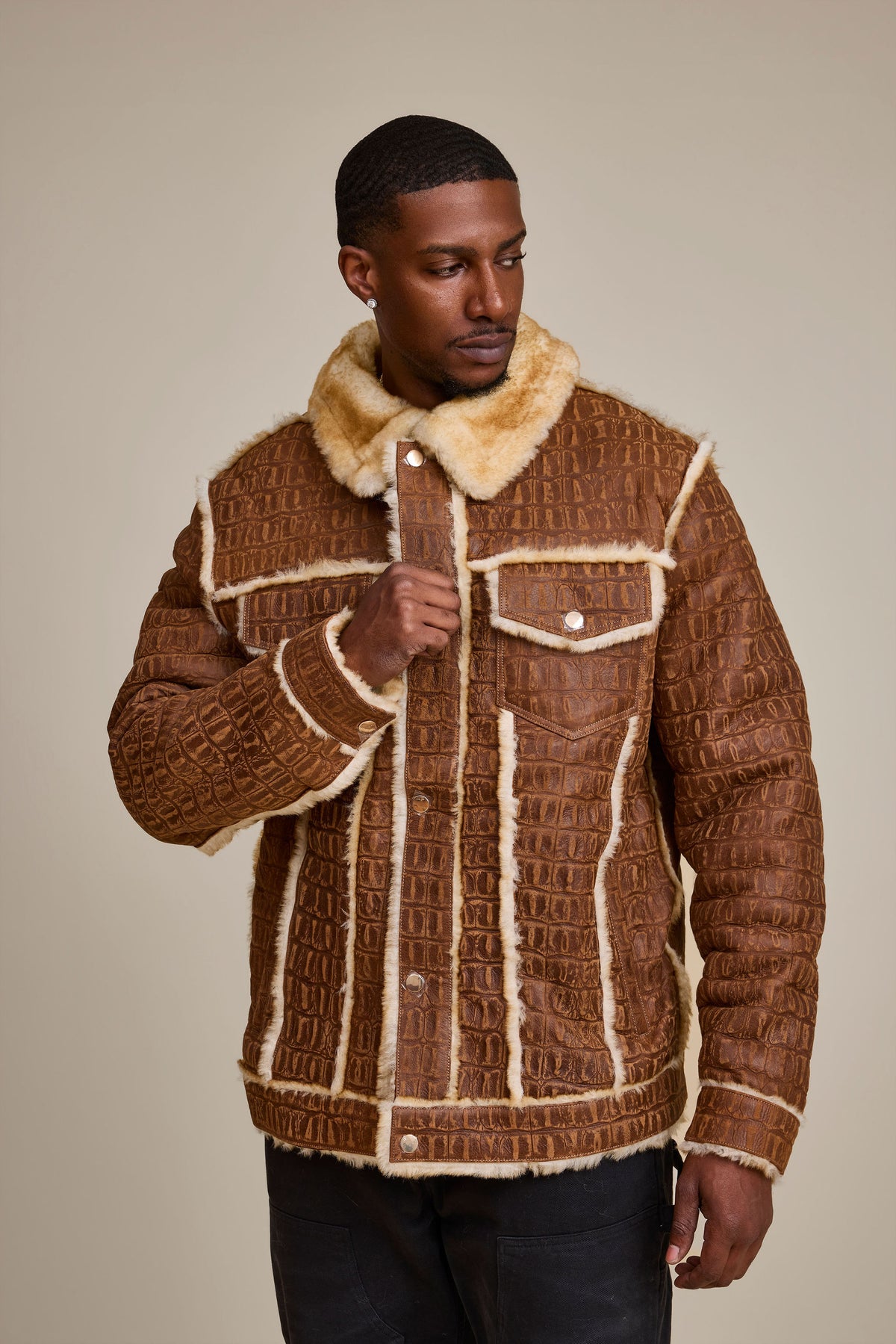 Men's Shepherd Embossed Crocodile Shearling Jacket [Whiskey Suede]