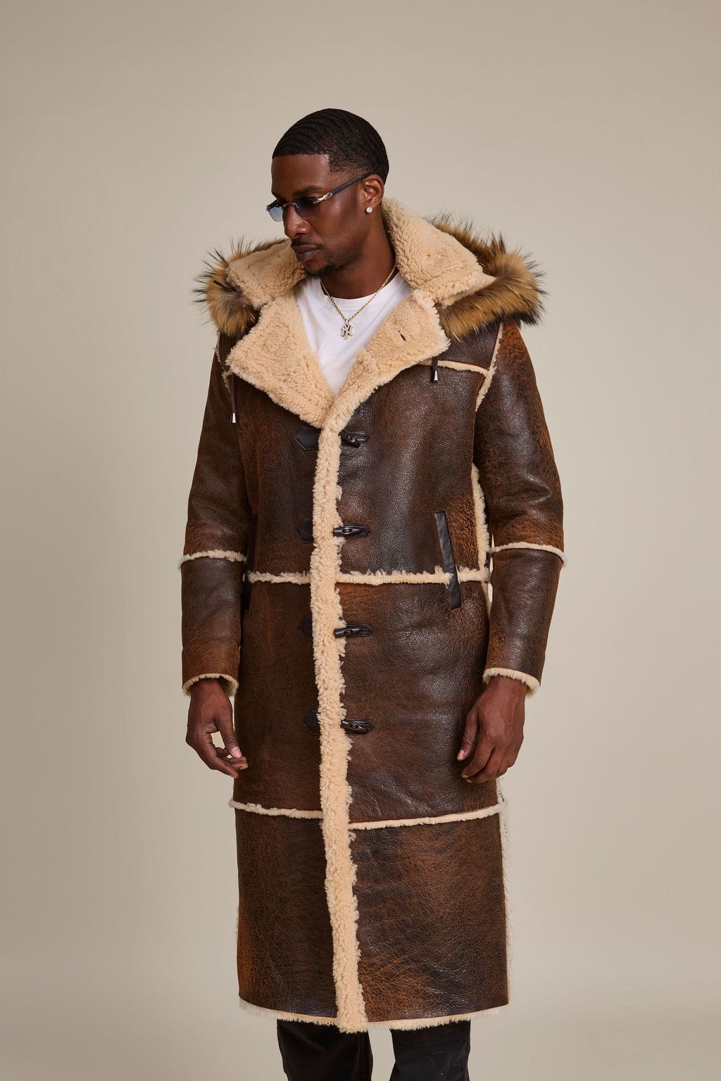 Men's Drew Real Sheepskin Shearling Trench Coat [Distressed Brown]